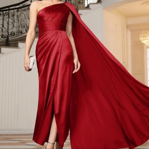 Luxe One shoulder Party Formal Evening Prom Satin Wedding Dress - Picture 10 of 16